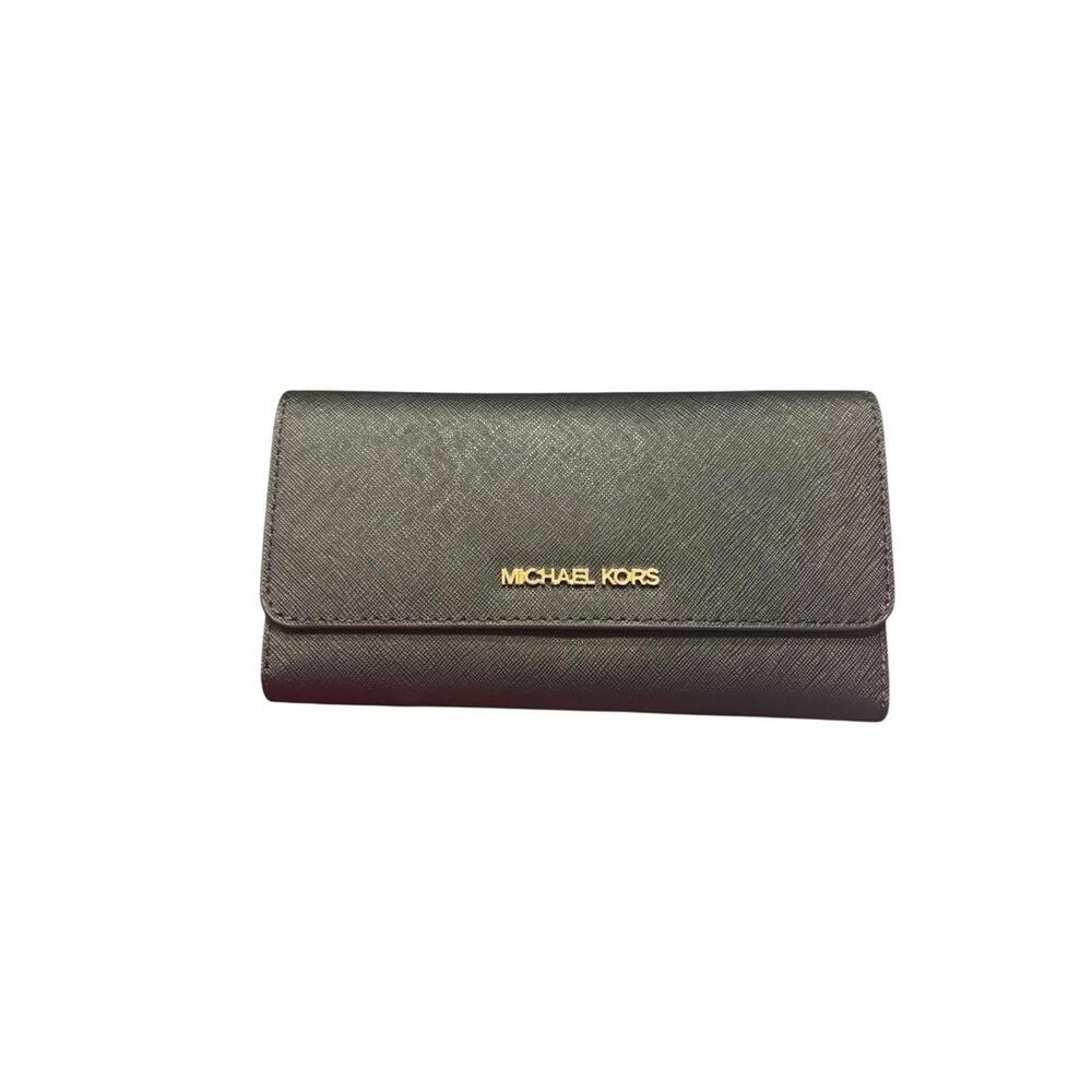 Michael Kors Jet Set Travel Large Trifold Wallet Black Saffiano Leather